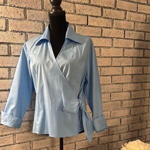 Dressbarn Blue Wrap Blouse with Notched Collar